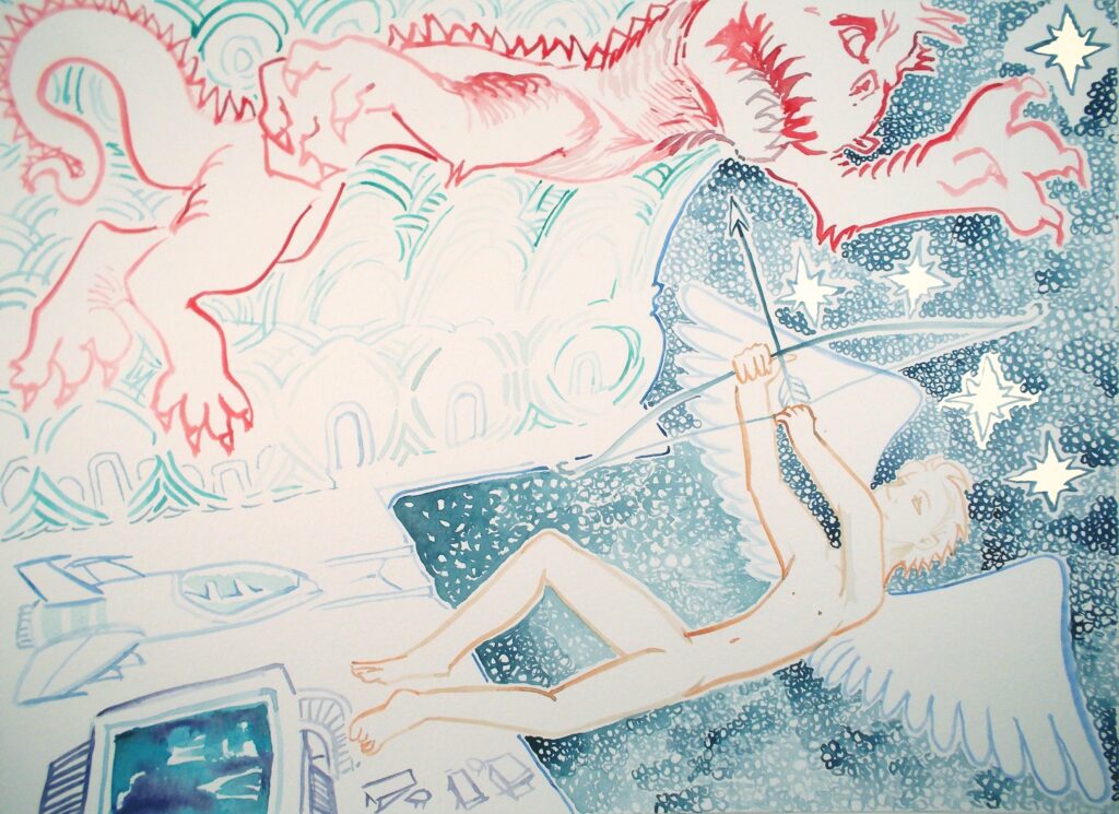 Ange abattant un dragon avec son arc. Pensées d'Ailleurs